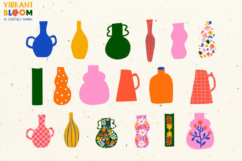 May include: A collection of 18 colorful vases with various patterns and designs, including polka dots, checkered, floral, and geometric shapes. The vases are in shades of pink, blue, green, orange, yellow, and red.