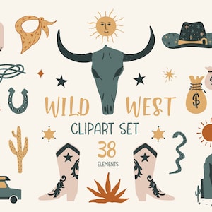 Far West Clipart PNG, Rodeo Western Clipart Boho Cactus-Chapeau-Boot-Cowgirl Stickers, éléments vectoriels du sud-ouest, téléchargement numérique
