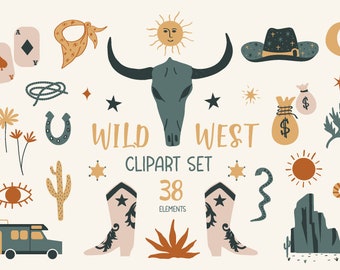 Wild West Clipart Set, Boho Western Icons PNG SVG EPS, Americana Cowgirl Desert Illustrations