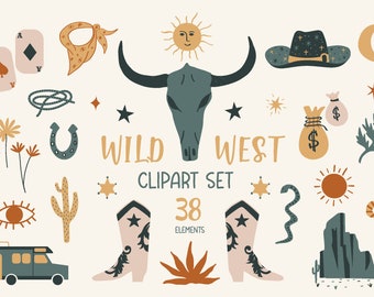 Wild West Clipart PNG,Desert Skull Southwestern Print Western Clipart Boho Cactus Sun Eye Cowboy Hat,Commercial Use-Instant Download