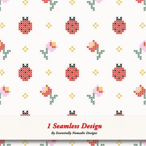Nyckelpiga sömlöst mönster, folkbroderi, korsstygnsblommor, digitalt papper med pastellblommor, barntyg med Cottagecore