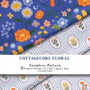 Paquete de 2 papeles digitales con estampado floral sin costuras Cottagecore, con rayas, para primavera, verano, azul y blanco, listos para tela, para uso comercial.