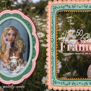 May include: Two decorative frames with a woman and text. The left frame is oval with a green and pink border, and the right frame is square with a pink and green border. Text reads "50 In my Garden Frames".