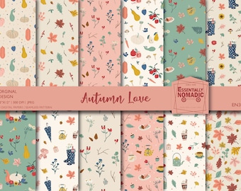 May include: A set of 10 digital papers featuring autumn-themed patterns. The patterns include pumpkins, leaves, flowers, teacups, and boots. The papers are 12 inches by 12 inches and 300 DPI. The text "Autumn Love" is displayed in the center of the image.