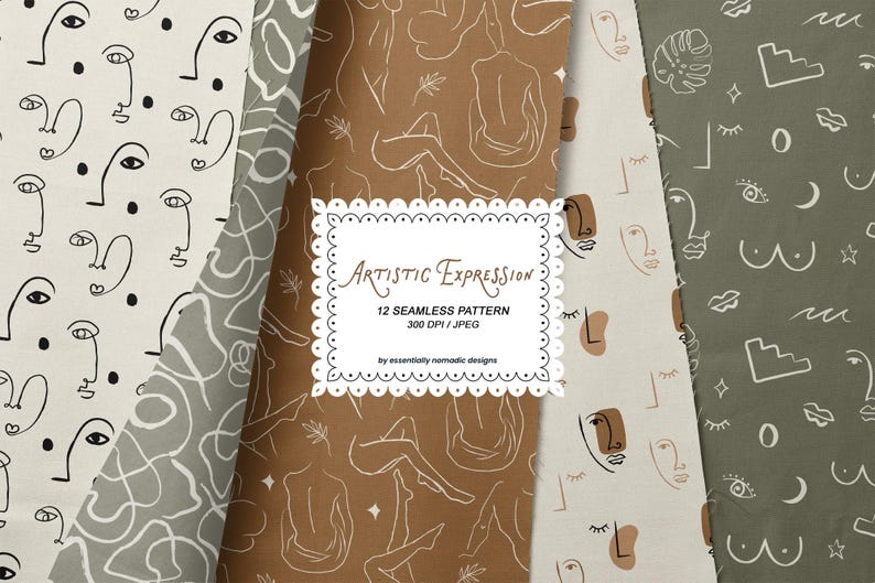 Modern Abstract Faces Pattern Pack, Minimal Line Art Seamless Prints ...
