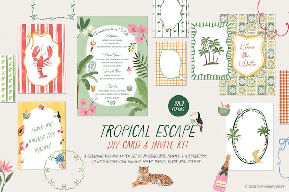 Whimsical Wedding Invitation Frames, Watercolor Tropical Summer Wedding Clipart Set, Hand Drawn doodle Colorful Borders Menu Card