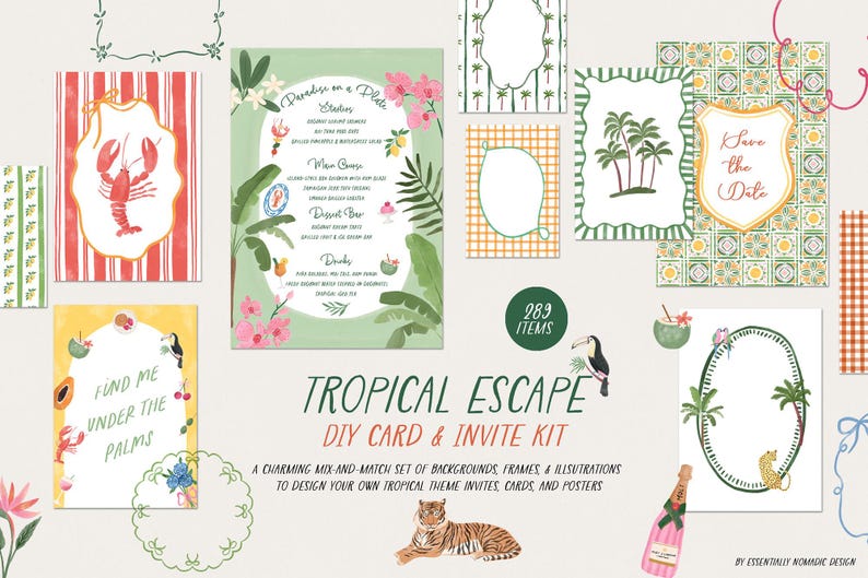 May include: A collection of tropical-themed DIY card and invite kit elements. The image features various frames, backgrounds, and illustrations, including a lobster, toucan, tiger, and palm trees. Text includes "Tropical Escape" and "Save the Date."