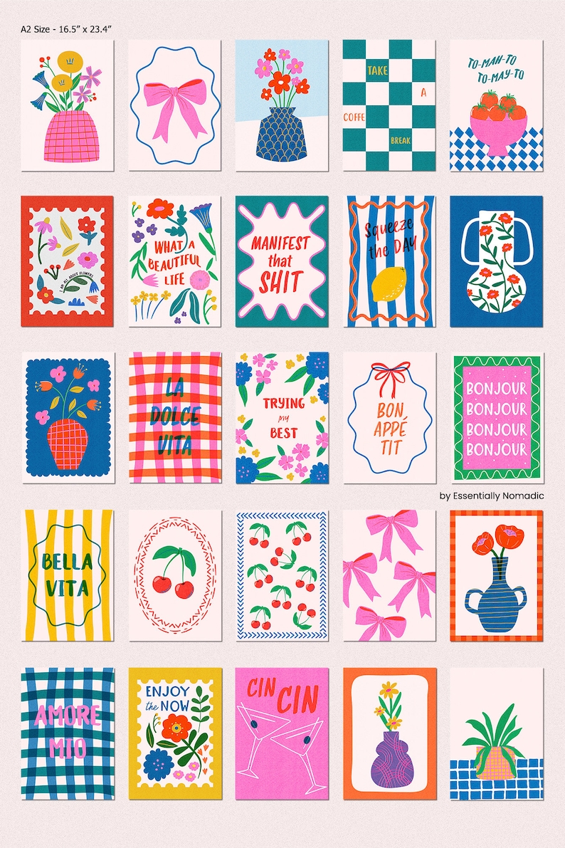 K&ouml;nnte beinhalten: Ein Set aus 20 bunten, druckbaren Postkarten mit verschiedenen Illustrationen und Texten. Die Illustrationen beinhalten Blumen, Kirschen, Schleifen, Zitronen und Vasen. Der Text enth&auml;lt S&auml;tze wie "Was f&uuml;r ein sch&ouml;nes Leben", "Manifestiere diesen Mist", "Squeeze the day", "La dolce vita", "Bella vita", "Amore mio", "Cin Cin", "Genie&szlig;e den Moment", "Bon appe tit", "Bonjour Bonjour Bonjour Bonjour", und "To-man-to to-may-to".