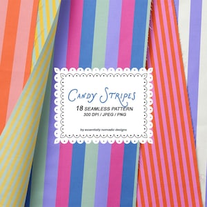 May include: A collection of vertical striped patterns in vibrant colours including orange, pink, blue, green, and purple. A central white rectangular label with a decorative border displays the text: Candy Stripes 18 SEAMLESS PATTERN 300 DPI / JPEG / PNG by essentially nomadic designs.