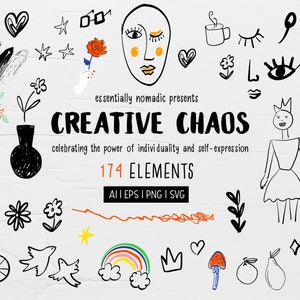 Clipart de Doodle abstrato, Rabisco Svg, Arte punk de rua urbana, Doodles desenhados à mão svg png, 174 elementos de design, Desenho de tinta Corações, flores