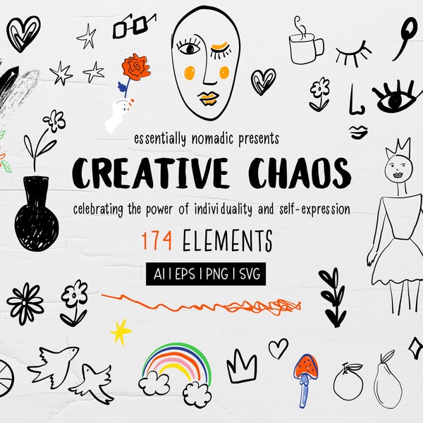 Resumen Doodle Clipart, Scribble Svg, Urban street Punk art, Hand Drawn doodles svg png, 174 elementos de diseño, Tinta dibujo Corazones, flores