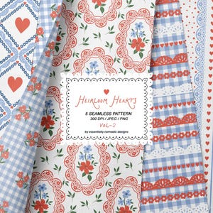 May include: Five seamless patterns with a vintage aesthetic. Designs include red hearts, floral motifs, and gingham checks in red, white, and blue. The text "Heirloom Hearts" is displayed.