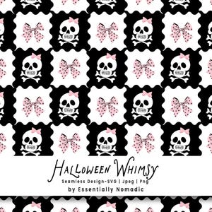Cute Skull & Bow Halloween Seamless Pattern, Coquette Checkered Digital Paper, Black Pink Spooky Printable Pattern, Pastel Goth Halloween