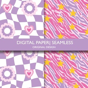 May include: Digital paper seamless design featuring two patterns. One has a wavy checkerboard with flowers and hearts. The other has a pink zebra stripe pattern with yellow stars. The text "DIGITAL PAPER | SEAMLESS" is visible.