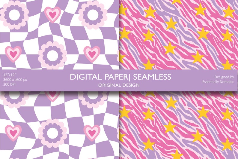 May include: Digital paper seamless design featuring two patterns. One has a wavy checkerboard with flowers and hearts. The other has a pink zebra stripe pattern with yellow stars. The text "DIGITAL PAPER | SEAMLESS" is visible.