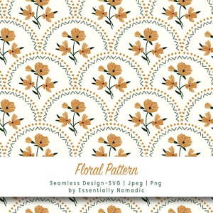 May include: Floral pattern design with repeating stylized flowers in orange and yellow. The flowers are arranged in a fan-like pattern, with a white background and decorative green and gold accents. The text "Floral Pattern" is displayed.