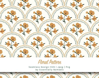 Cottagecore Floral Scalloped Pattern: Autumn Digital Paper (PNG, JPEG, SVG)