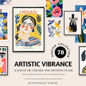 70 künstlerische Drucke, eklektische Wandkunst, maximalistisches Plakat, druckbare Galeriewand, trendige Kunstgalerie, lebendiges, farbenfrohes ästhetisches Dekor