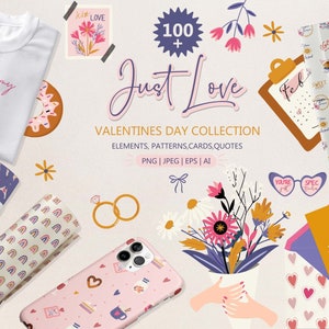Conjunto de clipart de dia dos namorados da moda, adesivos de clipart de planejador, padrão de amor sem costura, imprimíveis de cartão de dia dos namorados, arquivo vetorial PNG de citações de amor