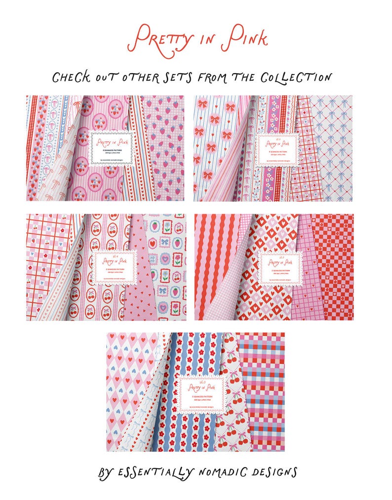 Valentine Seamless Pattern Set, Red Pink Hearts, Cherry Cameo Frames ...