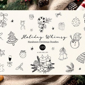 115 Ilustrações e Molduras de Arte Linear de Natal Desenhadas à Mão, SVG de Natal Fantástico, Bordas de Ícones de Rabiscos de Natal e Convites de Natal
