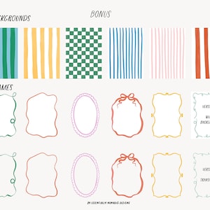 May include: Digital art featuring six colorful backgrounds with vertical stripes and a checkered pattern. Below are six frames in various shapes and colors, including oval and bow designs. Text reads "6 BACKGROUNDS" and "6 FRAMES".