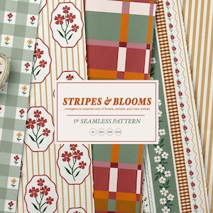 50 Streifen & Florale nahtlose Muster, gemütliche Herbst Cottagecore Karos Digitales Papier Bündel, breite Streifen, Blumen Gingham Stoff-Design-Wiederholung