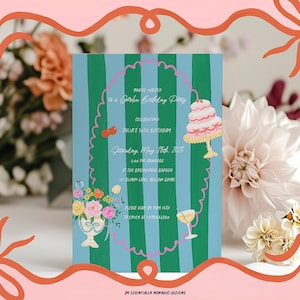 May include: A garden birthday party invitation with a blue and green striped background. The invitation features a cake, cherries, flowers, and a glass of wine. The text reads "You're invited to a Garden Birthday Party".