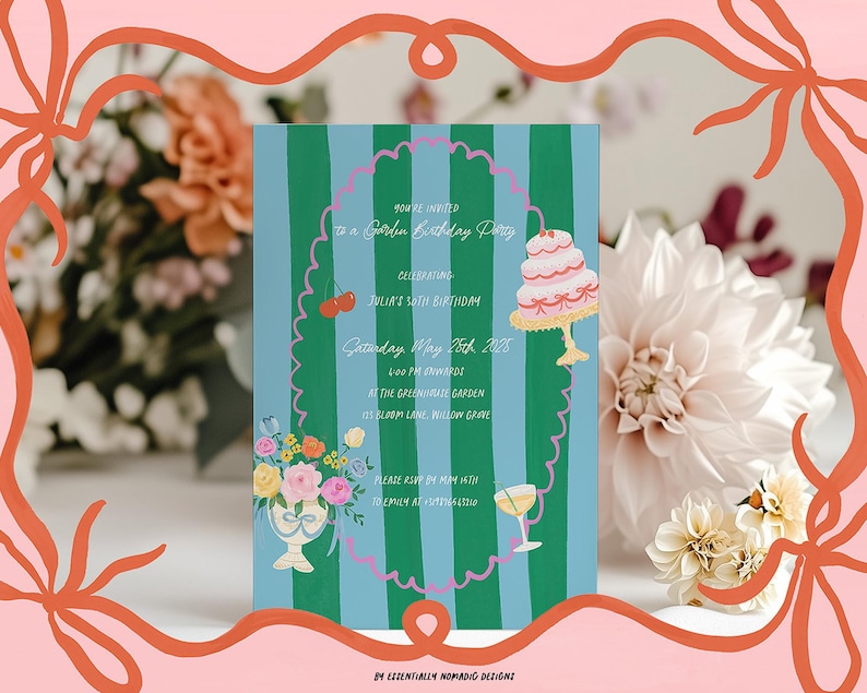 May include: A garden birthday party invitation with a blue and green striped background. The invitation features a cake, cherries, flowers, and a glass of wine. The text reads "You're invited to a Garden Birthday Party".