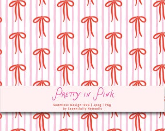 Red Bow & Pink Stripes Preppy Seamless Pattern, Ribbon Striped Background, Coquette Nursery Fabric Grand millennial Design