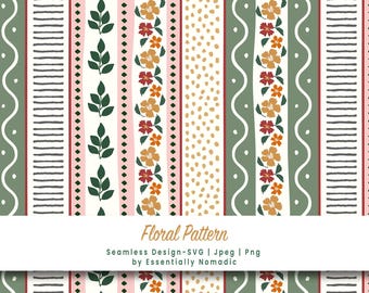 Diseño moderno de rayas florales sin costuras, papel digital con líneas y puntos dibujados a mano, estampado veraniego para tela y papel tapiz.