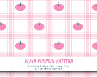 Cottagecore Pink Pumpkin Plaid Seamless Pattern - Fall Digital Paper, Coquette Fabric, Pink Checkered Halloween Pattern - Kids Repeat Design