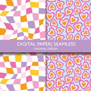 May include: Digital paper featuring two seamless patterns. One has a wavy checkerboard design in orange, pink, yellow, and purple. The other has a light blue background with pink and orange hearts. The text "DIGITAL PAPER | SEAMLESS" is visible.