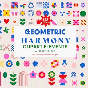Conjunto de clipart geométrico colorido, design Bauhaus, elementos gráficos pós-modernos de brutalismo, motivos geométricos abstratos coloridos, elementos de marca