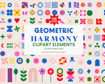 Colorful Geometric Clipart Set, Bauhaus Design, Brutalism PostModern Graphic Elements, Colorful abstract Geometric Motifs, Branding Elements