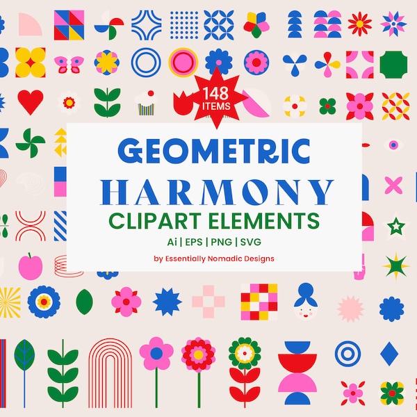 Colorful Geometric Clipart Set, Bauhaus Design, Brutalism PostModern Graphic Elements, Colorful abstract Geometric Motifs, Branding Elements