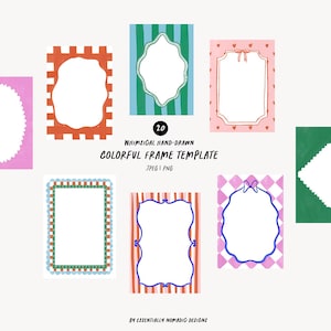 Puede incluir: Conjunto de 10 plantillas de marcos coloridos dibujados a mano y caprichosos en formato JPEG y PNG. Los marcos presentan varios patrones y colores, incluidos el rojo, el verde, el azul, el rosa y el blanco.