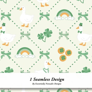 Peut inclure: Motif sans couture avec des oies blanches, des nœuds verts, des arcs-en-ciel, des trèfles et des pièces d'or avec des trèfles. Le motif comprend le texte "1 Seamless Design By Essentially Nomadic Designs" sur fond vert clair.