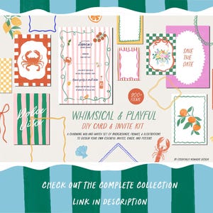 May include: A whimsical DIY card and invite kit with various colorful designs. The image features cards with crab and orange illustrations, striped patterns, and the text "Save the Date". The kit includes over 200 items.
