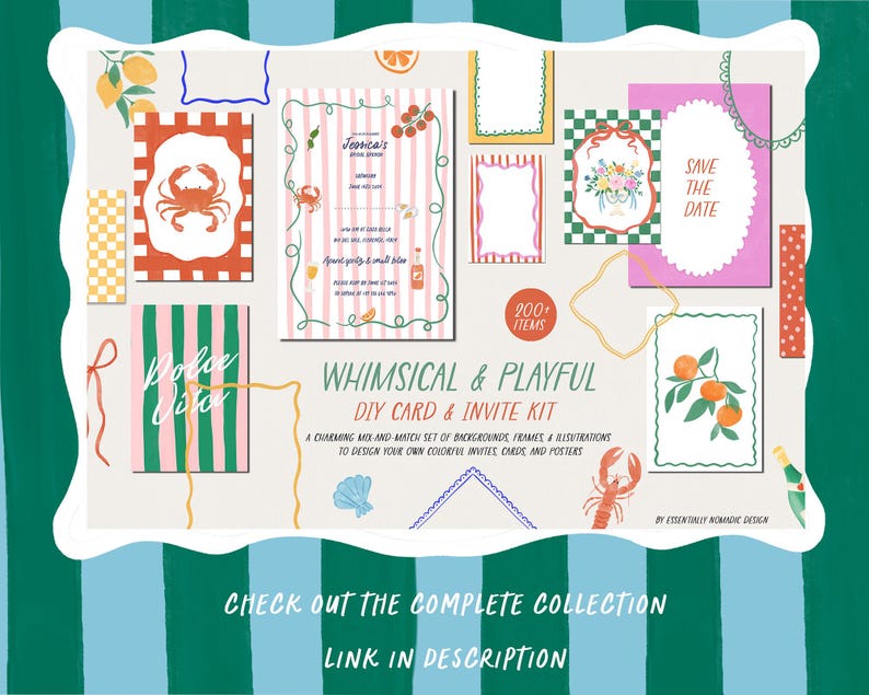 May include: A whimsical DIY card and invite kit with various colorful designs. The image features cards with crab and orange illustrations, striped patterns, and the text "Save the Date". The kit includes over 200 items.