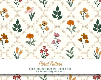 Cottagecore Floral Lattice Seamless Pattern | Grandmillenial Floral Digital Paper, Botanical Printable Fabric Design, Scrapbook background