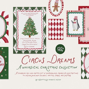 Könnte beinhalten: Eine skurrile Weihnachtskollektion mit verschiedenen Illustrationen und Designs. Enthält einen Weihnachtsbaum, einen Pinguin, einen Lebkuchenmann und Text mit der Aufschrift "Merry Christmas" und "Let's Get Merry". Entworfen von Essentially Nomadic Design.