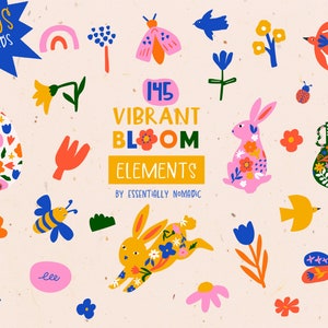 Imágenes prediseñadas florales abstractas, estilo Matisse de gráficos botánicos, imágenes prediseñadas de Pascua, elementos de mariposa de conejito, imágenes prediseñadas de primavera coloridas para pegatinas