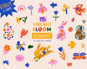 Colorful Flowers Bunny Clipart Set, Spring Floral Elements, Folk Art Easter Graphics, Dopamine Botanical Illustration Png & Vector format