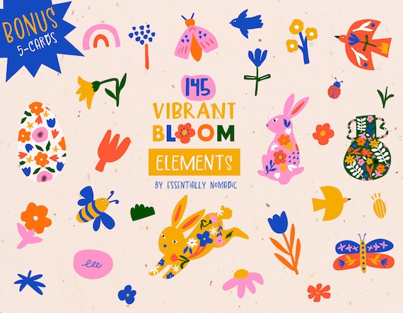 Colorful Spring Clipart Set, Bunny Butterfly Floral Elements, Folk Art Easter Graphics, Botanical Shapes for Stickers Cards Posters