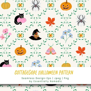 Peut inclure: Motif d'Halloween Cottagecore sans couture avec des citrouilles, des araignées, des chats noirs, des feuilles d'automne, des chapeaux de sorcière et des fleurs. Le design comprend le texte "COTTAGECORE HALLOWEEN PATTERN".