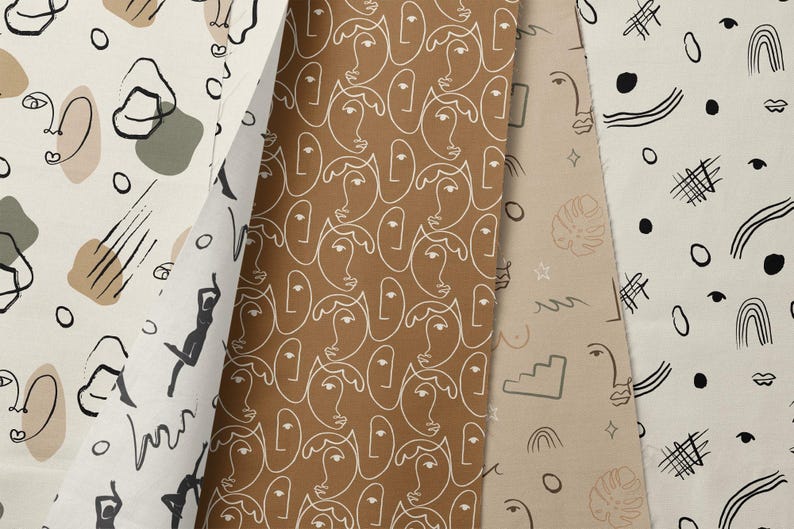 Modern Abstract Faces Pattern Pack, Minimal Line Art Seamless Prints ...