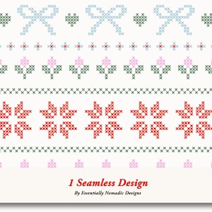 May include: A seamless cross-stitch pattern featuring bows, hearts, flowers, and starbursts in blue, green, pink, and red on a white backdrop. The text "1 Seamless Design" is at the bottom of the image.