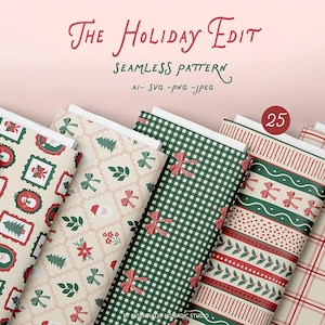 Pode incluir: Uma coleção de amostras de tecido enroladas com padrões festivos de feriados. Os designs incluem árvores de Natal, laços e xadrez nas cores vermelho, verde e creme. O texto "The Holiday Edit" e "Seamless Pattern" é exibido no topo.