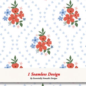 Könnte beinhalten: Nahtloses Blumenmuster mit roten und blauen Blumenclustern, grünen Blättern und kleinen rosa Blüten auf weißem Hintergrund mit hellblauen Herzen. Der Text "1 Seamless Design By Essentially Nomadic Designs" befindet sich unten.